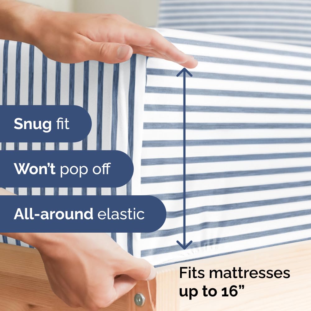 Split King Fitted Bed Sheet - Bottom Single Fitted Sheet Only - Soft Hotel Luxury Bedding w/ 8-16 Inch Deep Pockets - Breathable & Wrinkle Free - Easy-Care, Fade & Shrink Resistant - Blue Stripes 2