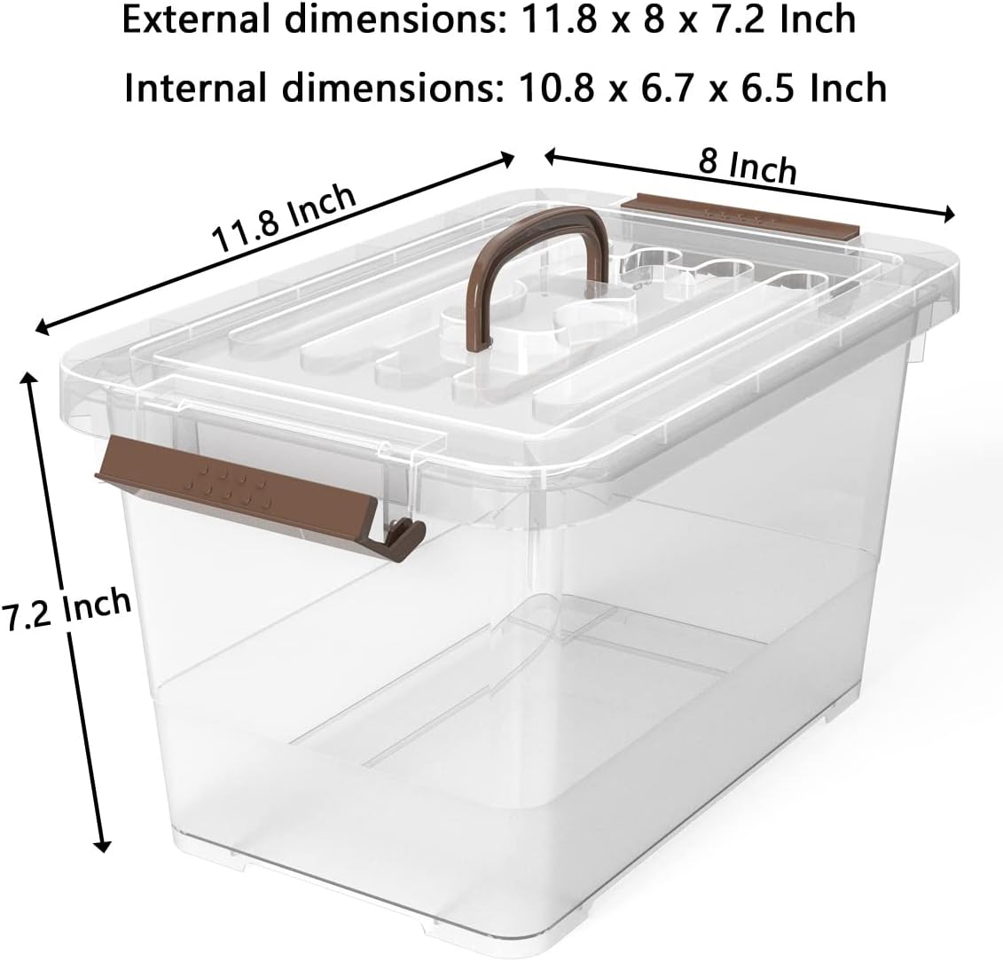WYT 7 Quart Clear Storage Bins - Stackable Plastic Latch Boxes with Brown Handle | 6-Pack
