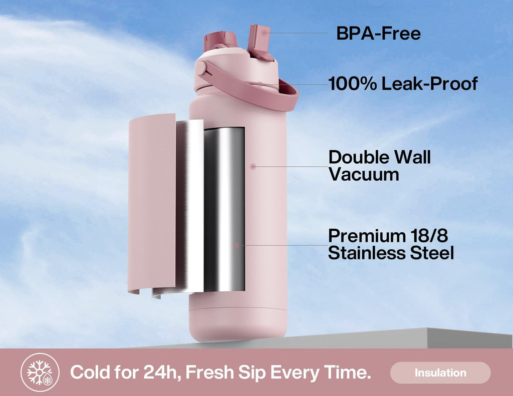 POWCAN 32 oz Insulated Water Bottle - 2-in-1 Straw & Spout Lid, Leak-Proof, BPA-Free | Dried Rose