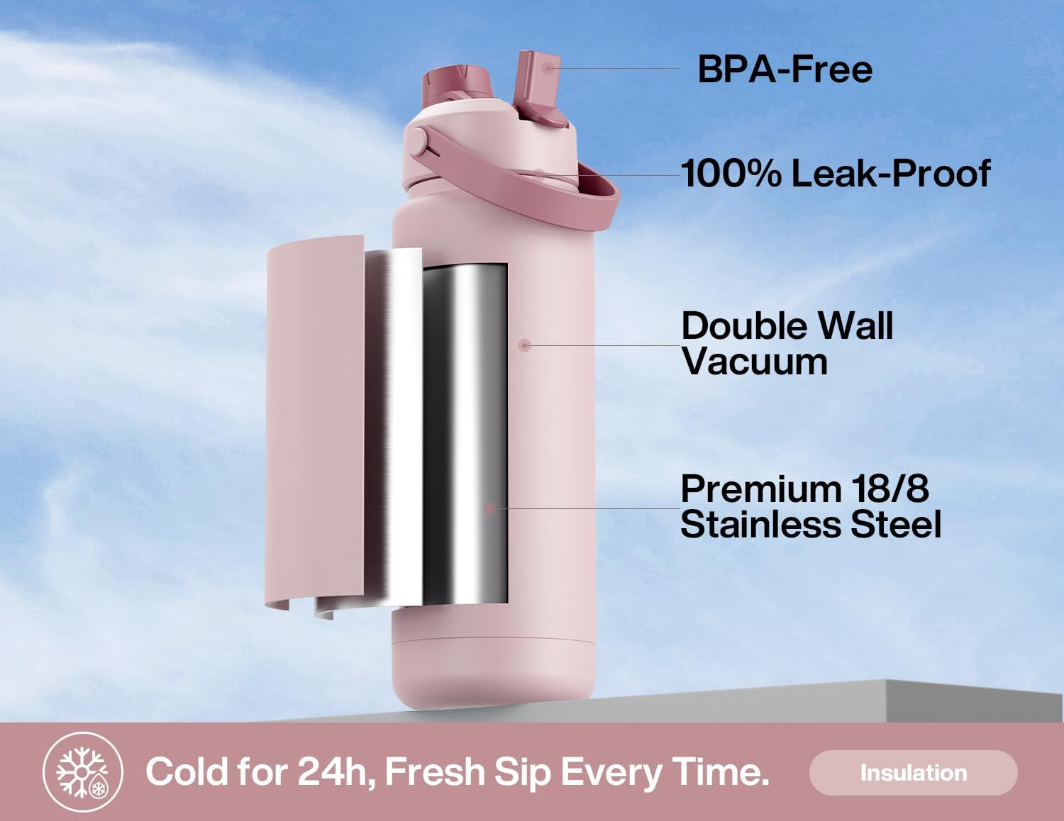 POWCAN 32 oz Insulated Water Bottle - 2-in-1 Straw & Spout Lid, Leak-Proof, BPA-Free | Dried Rose