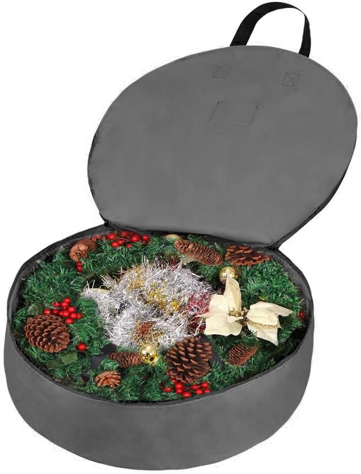 Primode Heavy Duty Christmas Wreath Storage Bag - Durable 600D Oxford Polyester - 24" Gray Container with Handles