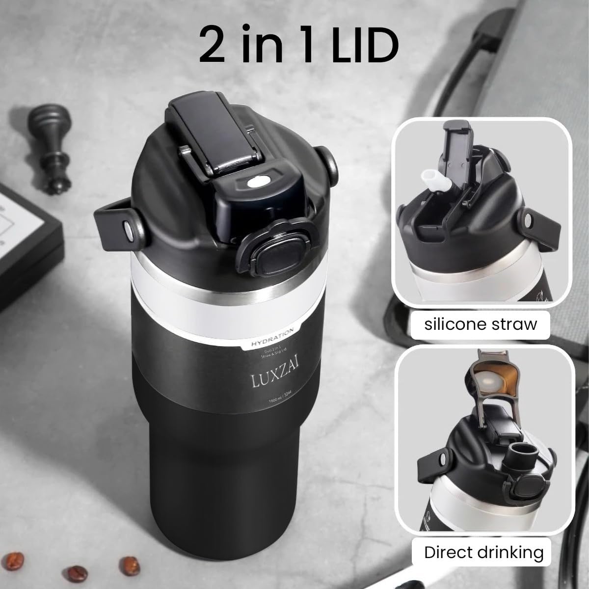 Skiennix 32 Oz Insulated Stainless Steel Tumbler - Leak-Proof Travel Mug with Handle & 2-in-1 Lid