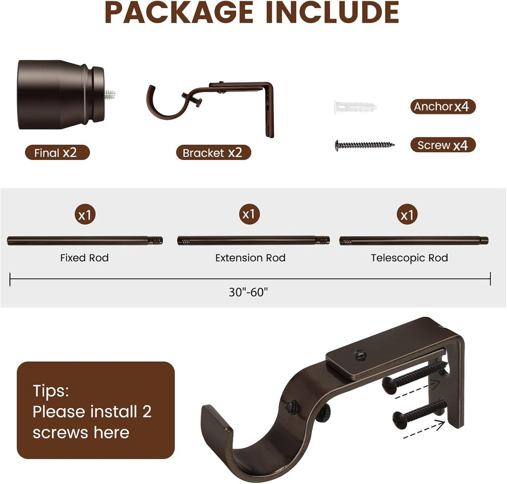 Skiennix Heavy-Duty Adjustable Brown Curtain Rod - 30 to 60 Inch, Fits 30-54 Inch Windows