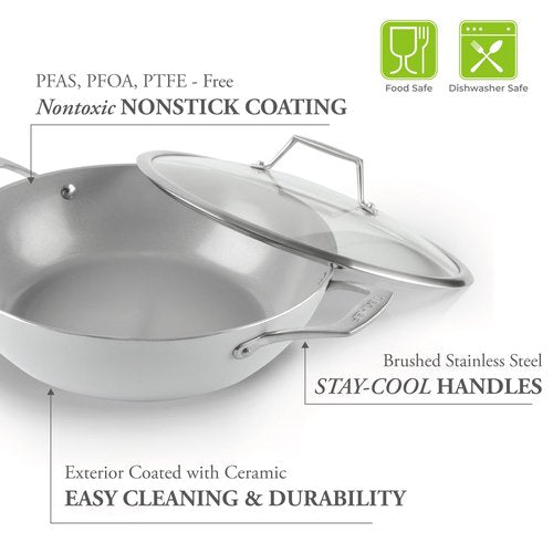 TECHEF - CeraTerra, 5 Qt / 12-in Ceramic Nonstick All Purpose Chef Pan with Cover, (PTFE and PFOA Free Ceramic Exterior & Interior), Oven & Dishwasher Safe, Made in Korea, Grey/Silver (5 Qt Chef Pan)