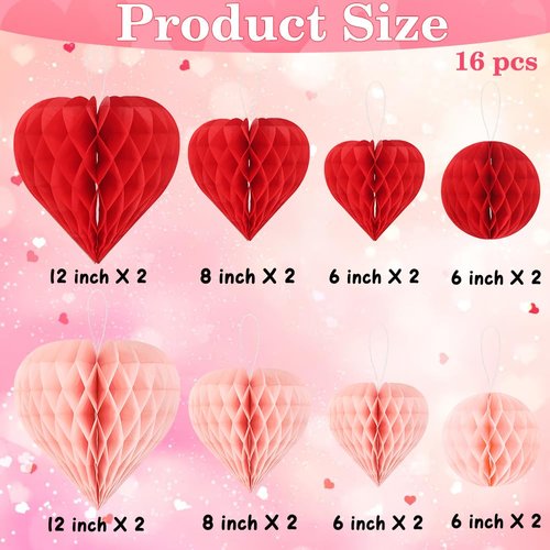 Heart Honeycomb Ball Valentine's Day Party Decoration 16Pcs Red Pink Heart Shaped Tissue Paper Pom Poms Valentine Hanging Decoration for Valentine's Day Engagement Wedding Bridal Shower Party Supplies