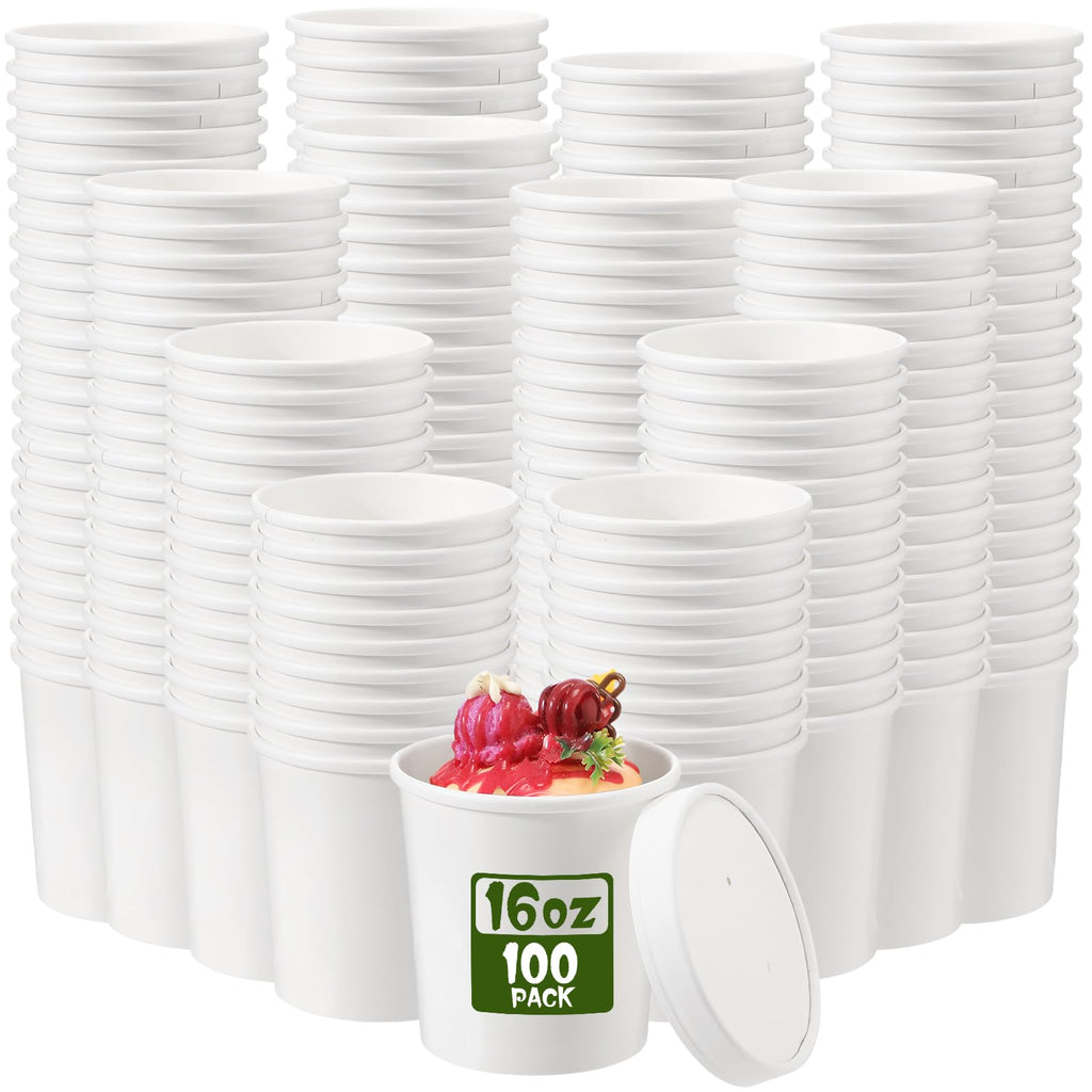 Fulmoon 100 Pack Paper Soup Containers with Lids Disposable Paper Food Containers with Vented Lid Kraft Ice Cream Cake Dessert Cups Soup Bowl for Party Hot Food Fruit Microwave(16 oz,White)