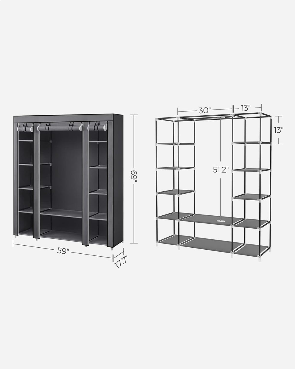 SONGMICS Portable Closet Wardrobe - Non-Woven Fabric Cover Clothes Organizer, 59 x 17.7 x 69 Inches, Gray