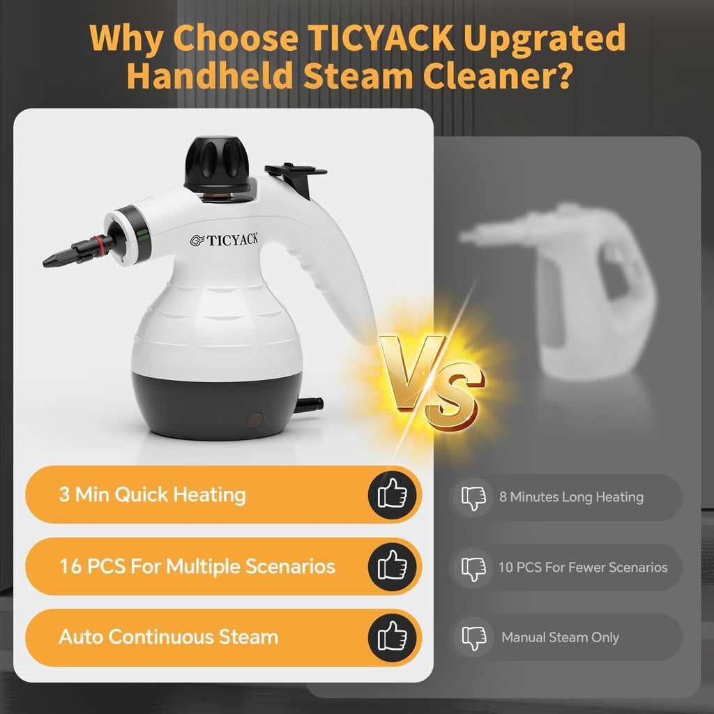 TICYACK Handheld Steam Cleaner - 16 PCS Accessories & Safety Lock for Multi-Surface Deep Cleaning | White/Black