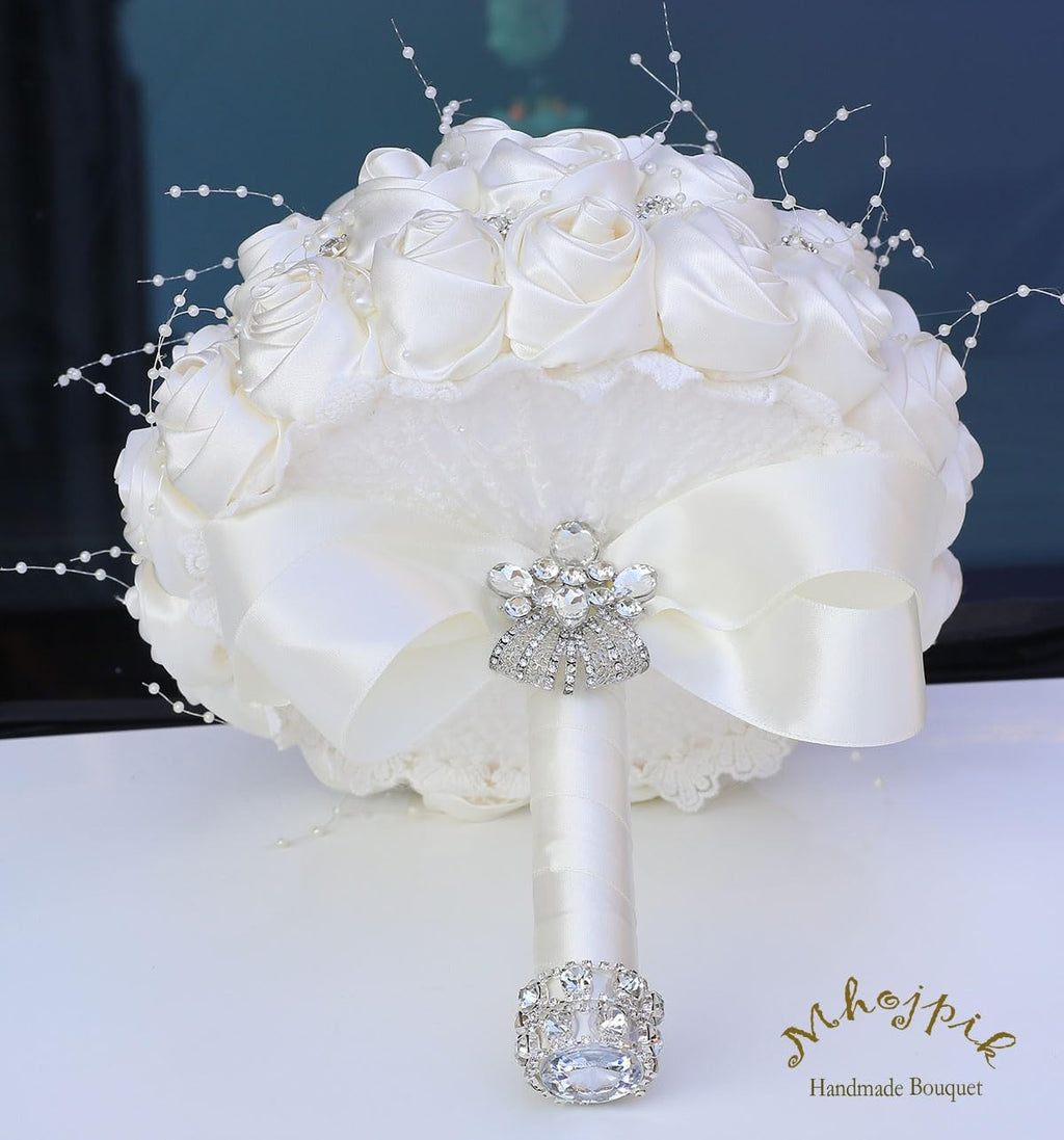 Mhojpik Bridal Wedding Bouquet Round Bling Brooch Holding Bouquet Artificial Rose Flower Bunch for Bride Bridesmaid Wedding Quinceanera(Ivory, 9.8")