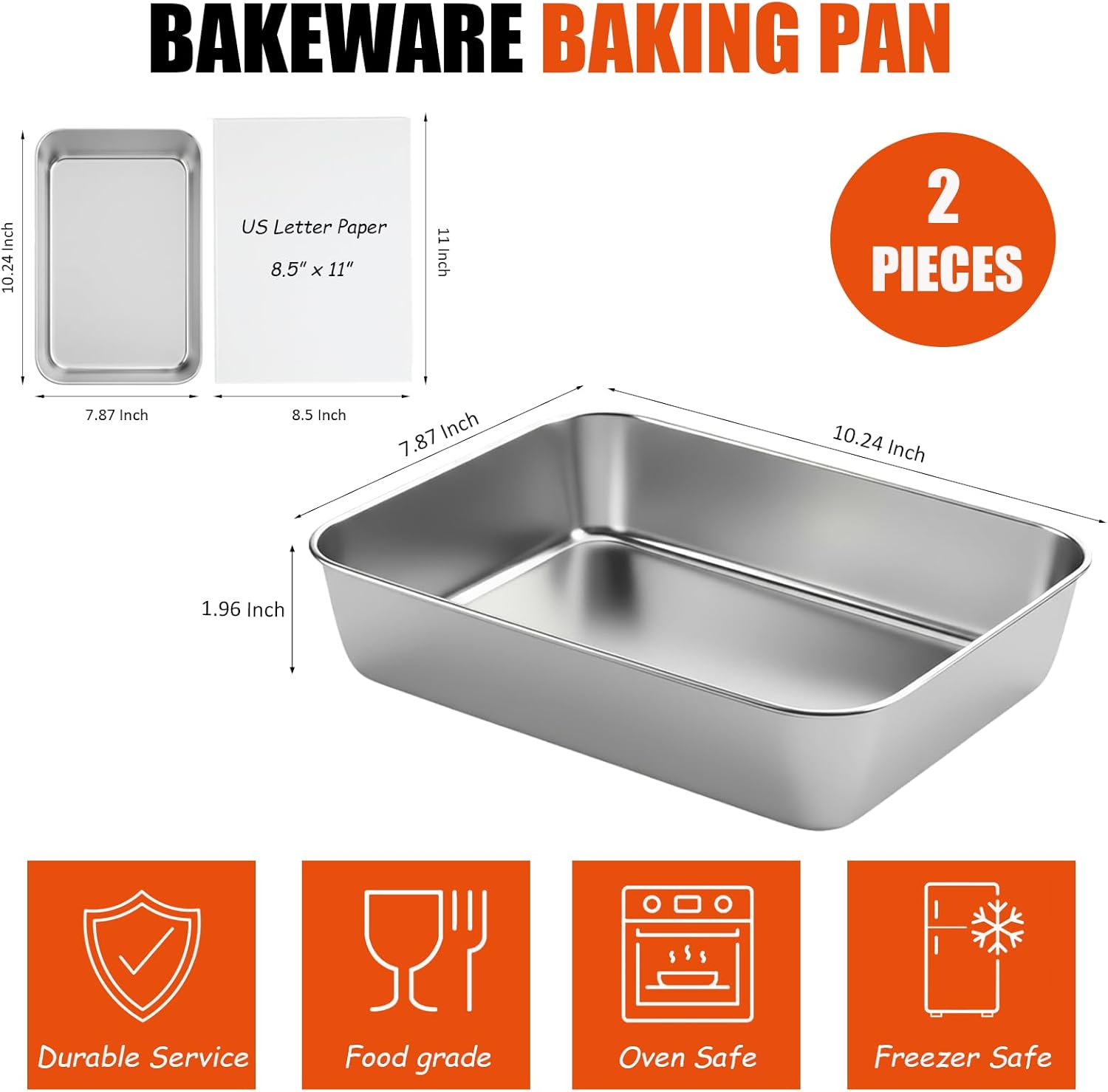 Stainless Steel Baking Pan Set by [Brand Name] - 2 Pack Rectangular Cake & Roasting Pans | Oven & Dishwasher Safe, 9.84 x 7.87 x 2 Inches