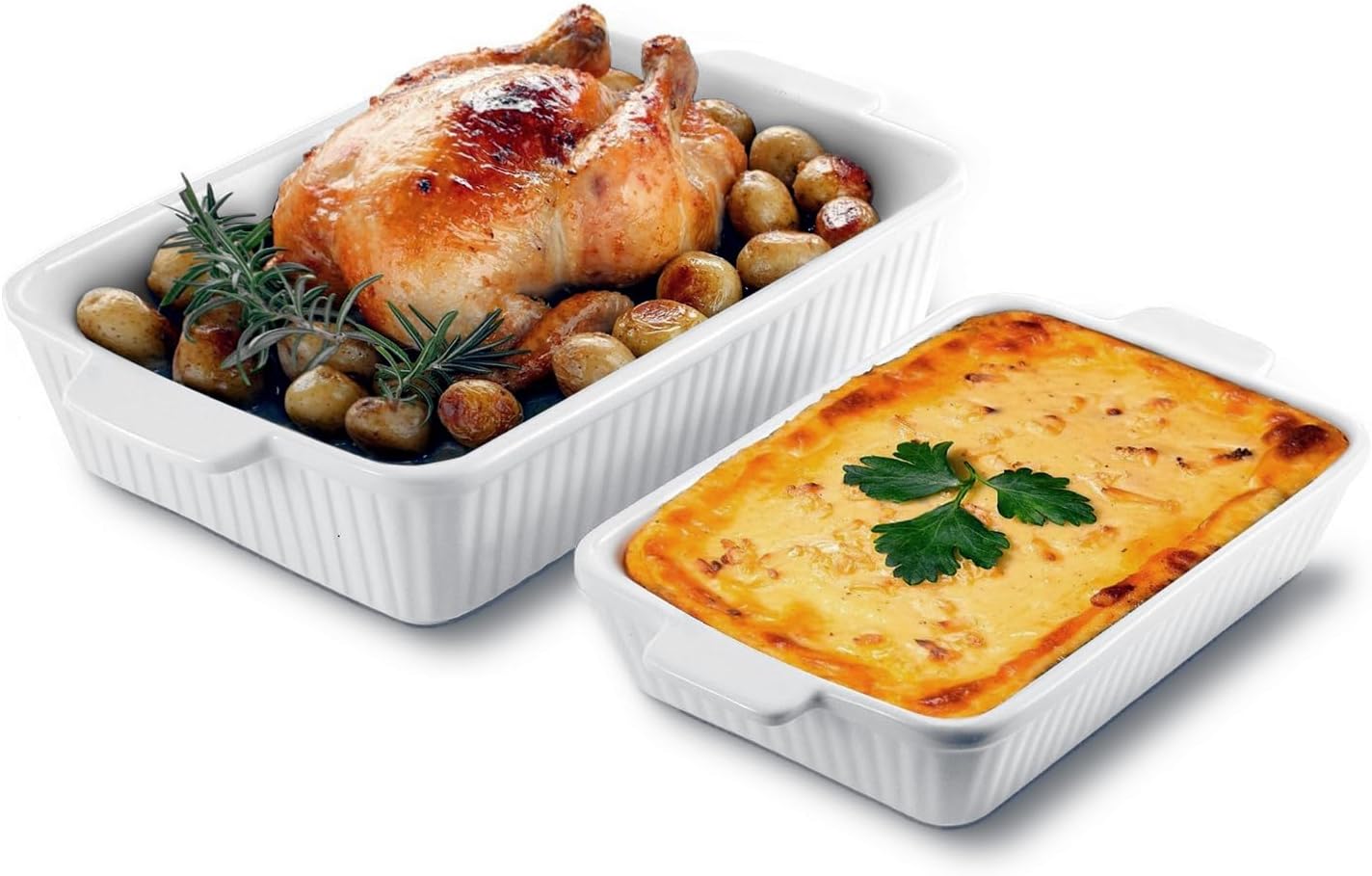 **Ceramic Baking Dish Set - 2-Piece Oven Safe Casserole Pans for Lasagna & Cake | White 4.4QT & 1.8QT**