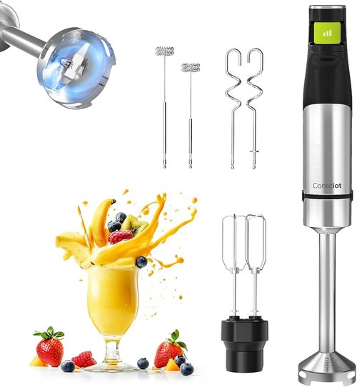 Consciot 4-in-1 Immersion Hand Blender - 1100W Stainless Steel Stick Mixer with Speed Control | Non-BPA