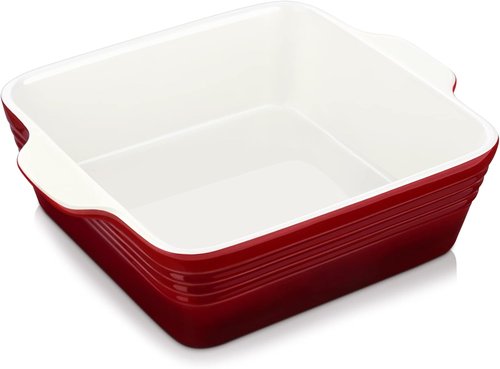 LOVECASA 8x8 Inch Non-Stick Baking Pan | 2 Quart Square Cake Dish with Handle - Red Ceramic Casserole Pan