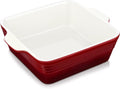 LOVECASA 8x8 Inch Non-Stick Baking Pan | 2 Quart Square Cake Dish with Handle - Red Ceramic Casserole Pan