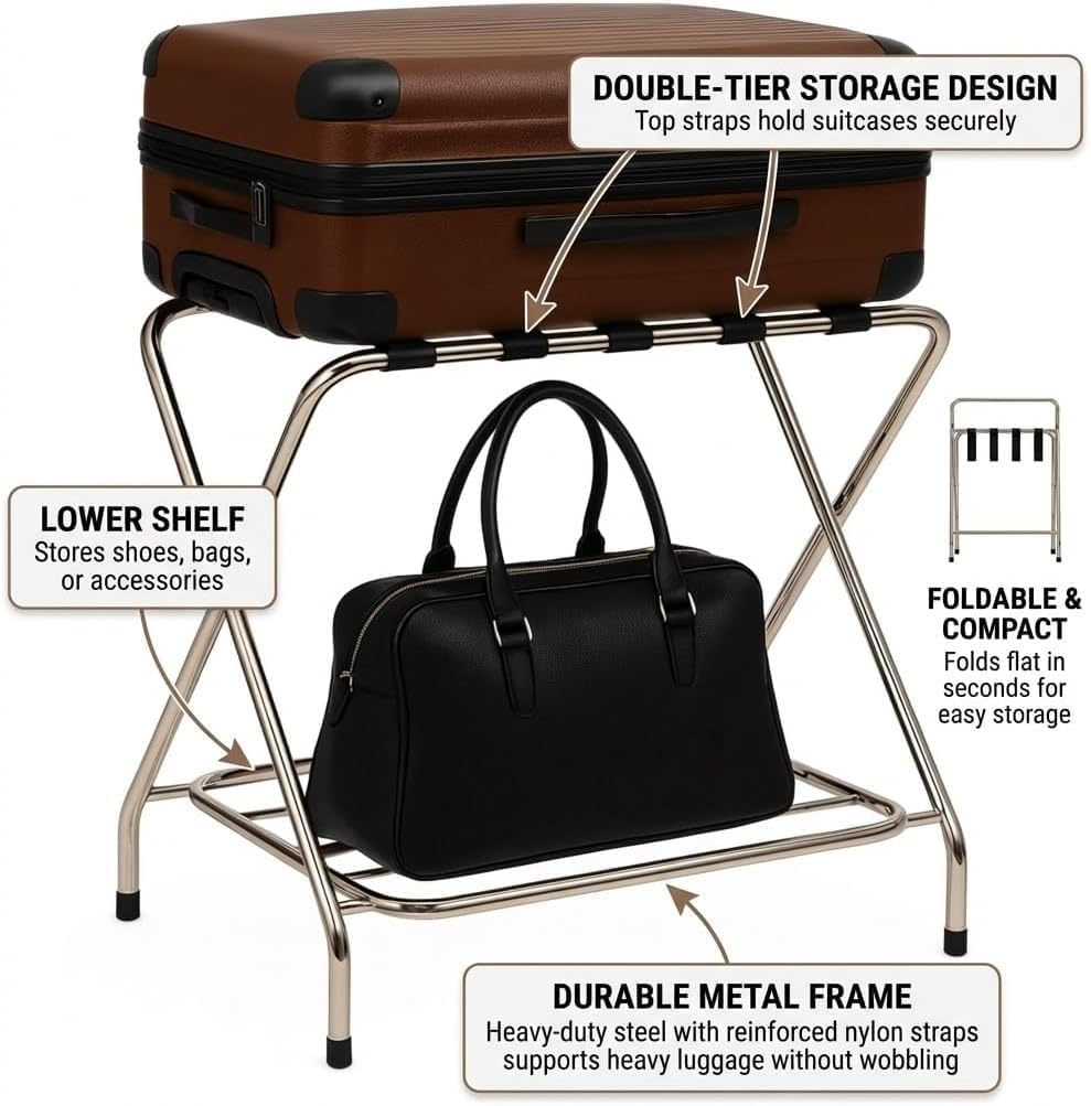 USTECH Luggage Rack double tier for Guest Room ,Chrome, Foldable Suitcase Stand with Straps,self assemble – Heavy Duty Luggage Stand for Bedroom, Hotel, or Closet Storage(Pack of 1)