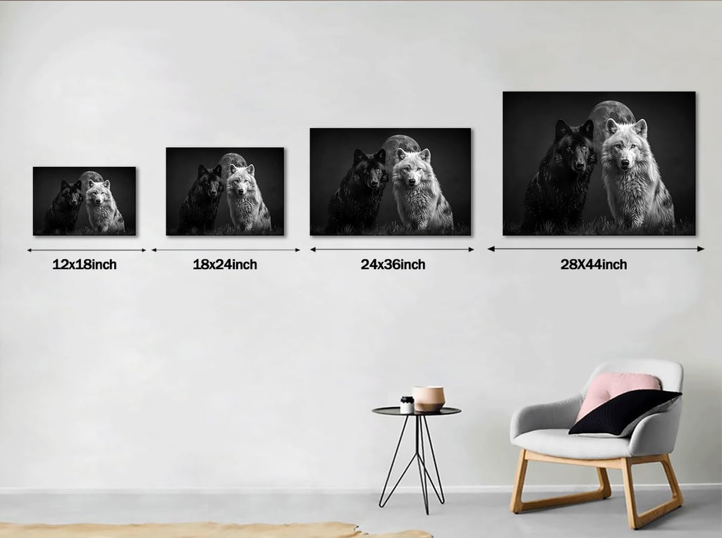 Large Black and White Wolf Wall Art Full Moon and Two Wolf Posters Prints Artwork Modern Wild Animal Pictures Wall Decor Living Room Bedroom Home Office Decor Framed Ready to Hang-28''Wx44''H
