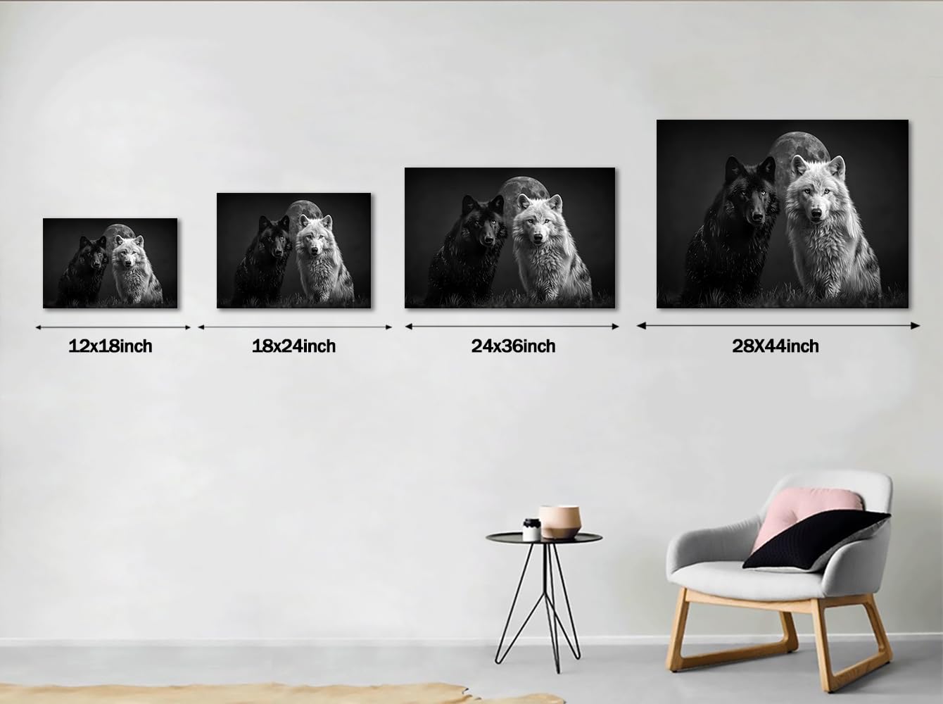 Large Black and White Wolf Wall Art Full Moon and Two Wolf Posters Prints Artwork Modern Wild Animal Pictures Wall Decor Living Room Bedroom Home Office Decor Framed Ready to Hang-28''Wx44''H