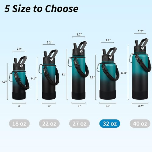BJPKPK 32oz Insulated Water Bottle - Stainless Steel, 3 Lids, Paracord Handle | Army Green & Black