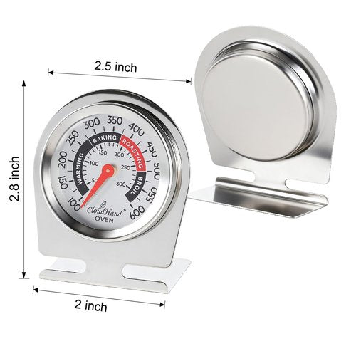 CloudHand Oven Thermometer, 2 Inch Stainless Steel Baking Thermometer for Oven and Grill, Dual Scale 100–600°F / 50–300°C, Hang or Stand Design with Clear Dial and Color Zones