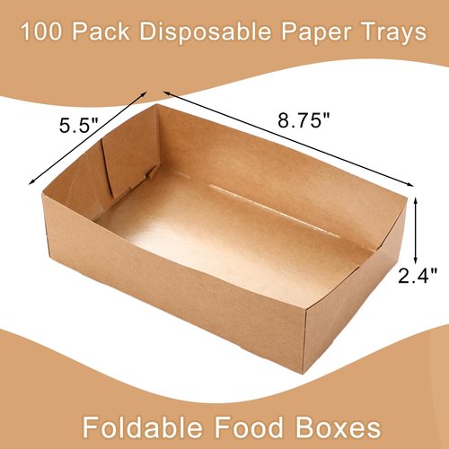 Nexboraque 100 Pack Disposable Paper Trays, Rectangular Kraft Food Containers Foldable Boxes, 4 Corner Pop Up Cardboard Food Trays for Fast Food, Nacho, Snack, Stadiums, Theaters, Brown