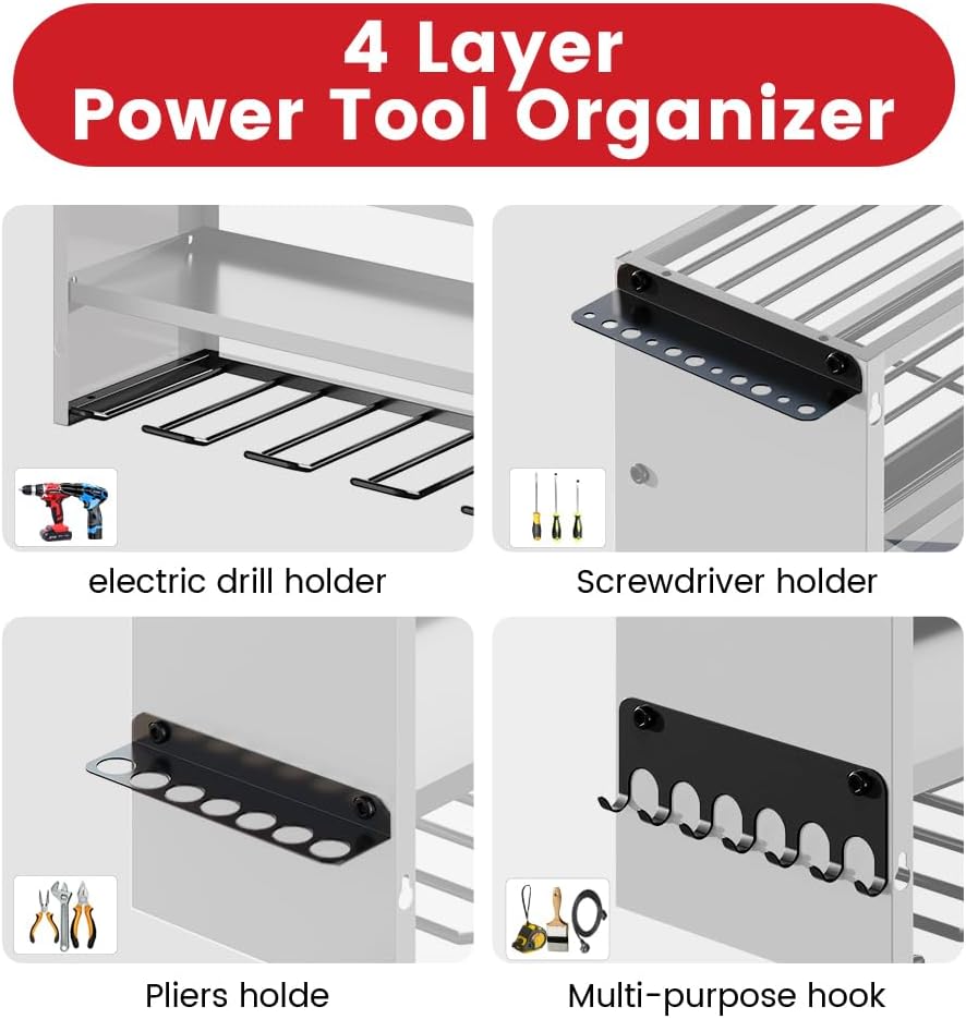 Power Tool Organizer by [Brand Name] - Heavy Duty Wall Mount Tool Shelf with Power Strip | 400lbs Capacity, 12 Slots