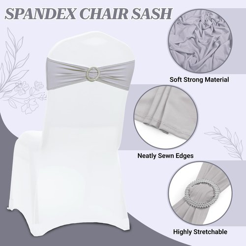 MDS Spandex Chair Sashes - Premium Stretch Covers with Buckle Slider for Weddings & Events | Light Silver, Pack of 25