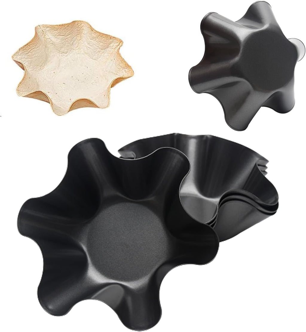 Skiennix Tortilla Pan Set - 4-Piece Non-Stick Carbon Steel Taco Shell Makers | Black Flower-Shaped Molds (16.5x7.5x6cm)