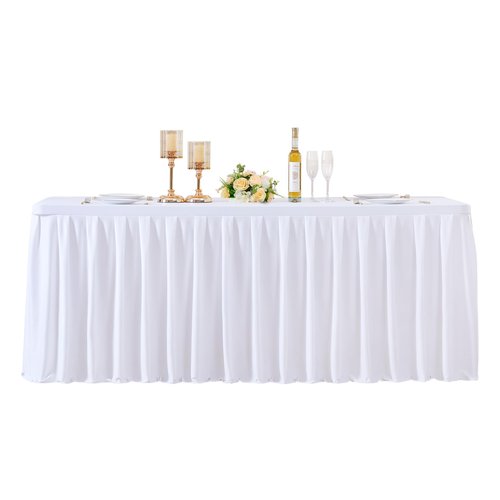 gogoparti Table Skirts for Rectangle Tables 6ft, 6 Pack White Table Covers for 6 Foot Tables Wrinkle Free Stretch Table Cloths with Pleated Skirt Fabric for Banquet, Party, Wedding