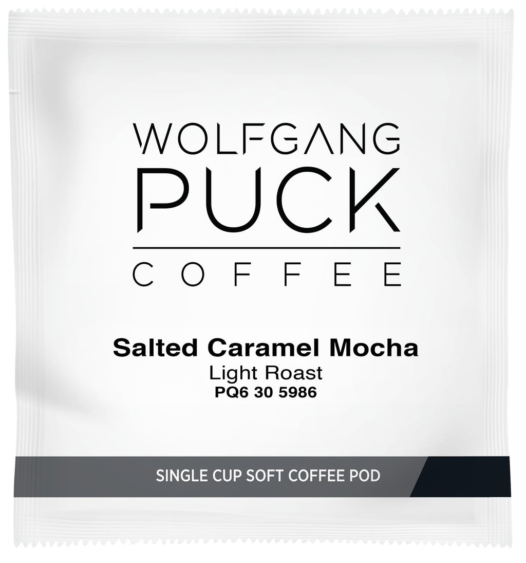 Wolfgang Puck Coffee, Salted Caramel Mocha, 9.5 Gram Soft Pods, 18 Count (Pack of 6)