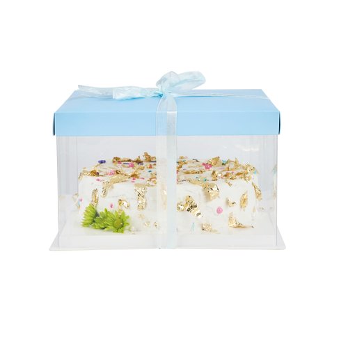 Restaurantware-Sweet Vision 10 Inch x 8.25 Inch Transparent Cake Boxes, 10 Grease Resistant Base Clear Cake Boxes - Blue Lid, Blue Ribbon, Plastic Birthday Box, For Weddings Or Birthdays