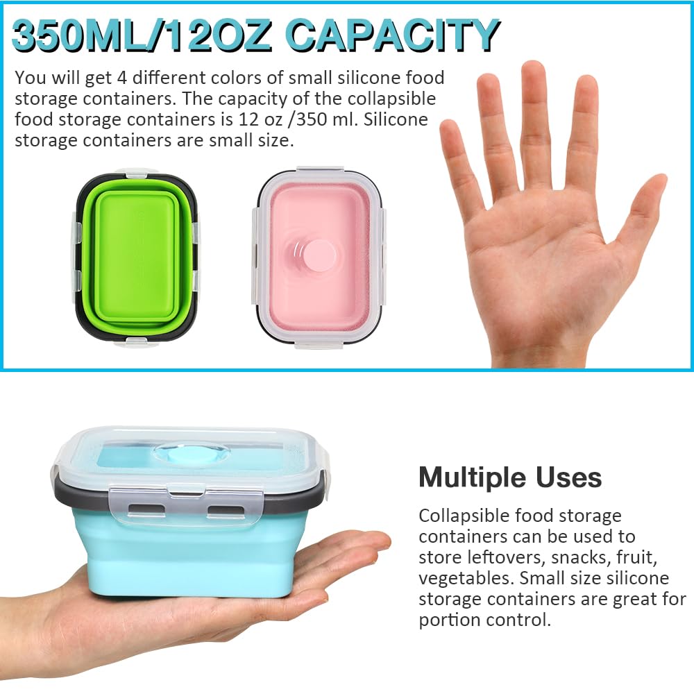 Pharamat Small Collapsible Silicone Food Storage Container(12 Oz) 4 Pack, Silicone Storage Containers for Snack, Fruit, Stackable, Space Saving