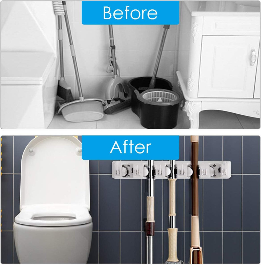 Tangkula Wall Mount Broom Holder - 5 Slot Organizer with 6 Hooks for Home, Kitchen & Garage (White)