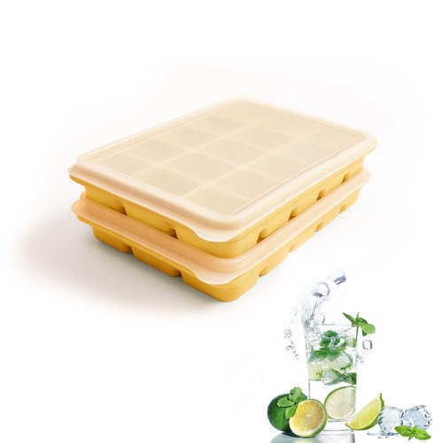 Tvmania Ice Cube Trays Set of 2, Easy Release 15 Flexible Silicone Ice Cube Molds with Removable Lid Reusable Freezer Ice Trays Stackable for Whiskey, Baby Food, BPA Free (yellow)