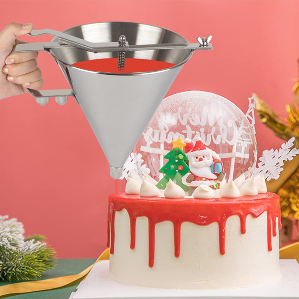 Confectionery Funnel Stainless Steel with Stand and 3 Nozzles, Commercial Grade Cake Decorating Tool Bakery Use, Precise Dispensing and Filling