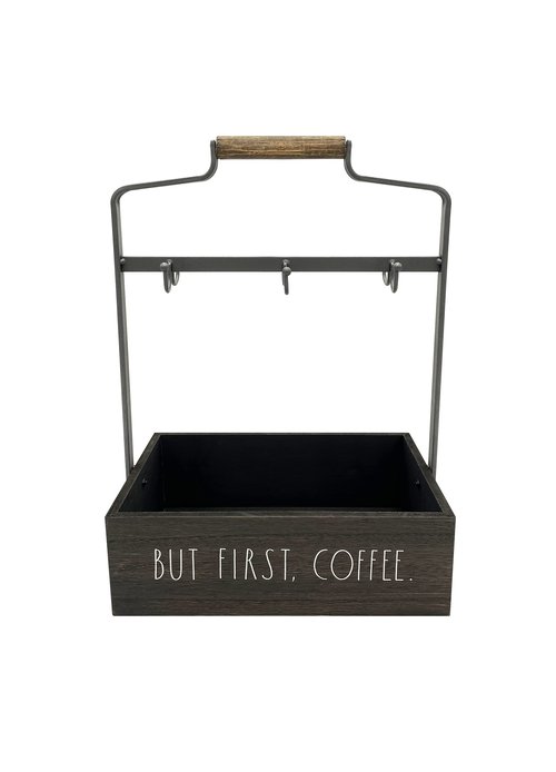 Rae Dunn Coffee Mug Holder - 6 Hook Coffee Cup Rack with Rectangular Rustic Style Crockery Holder - Storage or Display - Mug Stand Organizer for Kitchen Counter or Cafe Countertop - But First Coffee