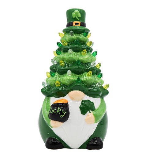 KnomeKo St Patricks Day Decorations, St Patricks Day Gnomes Ceramic Tree Lighted Gnome Leprechaun Decorations, Irish Shamrock Table Decor Gifts