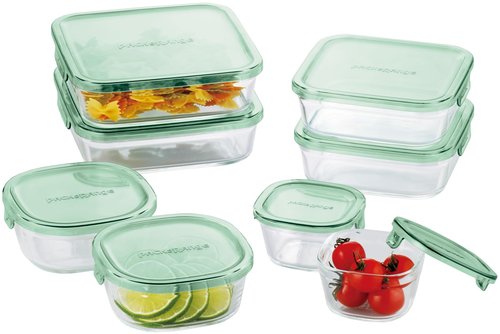 iwaki PS-PRN-8G Heat-resistant Glass Storage Containers, Green, Square Shape, Set of 8, Pack & Range