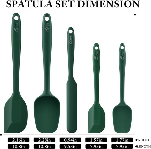 HOTEC Silicone Rubber Spatula Set - 600℉ Heat Resistant, BPA-Free, Dark Green | Set of 5 for Non-Stick Cookware