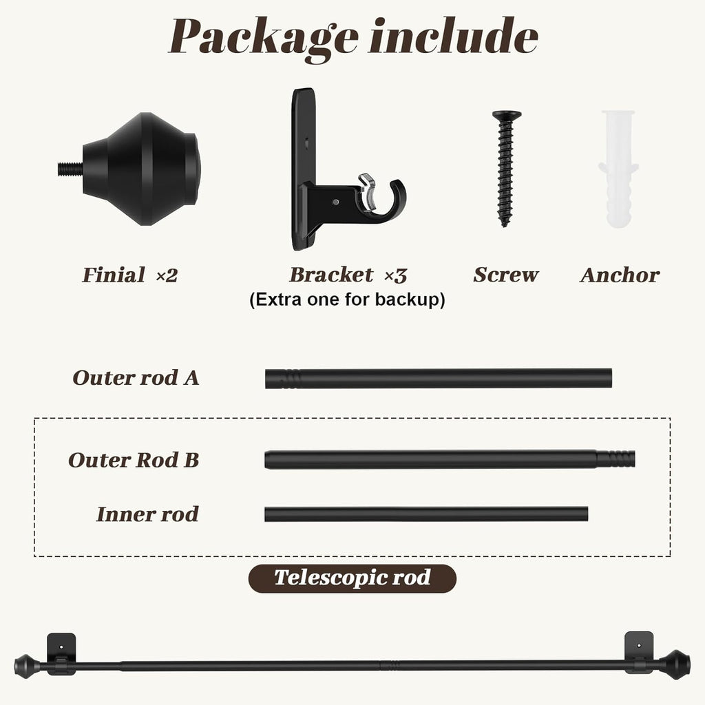 Skiennix No-Drill Curtain Rod - Adjustable 36-48 Inch Black Telescoping Design | Renter-Friendly Solution