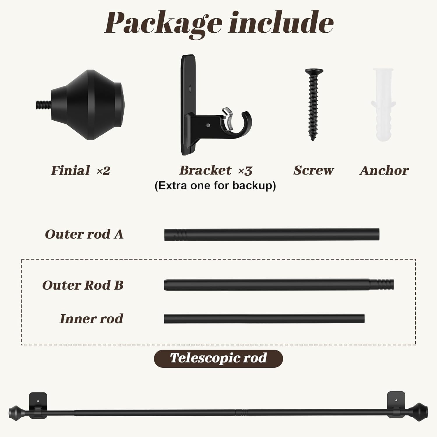Skiennix No-Drill Curtain Rod - Adjustable 36-48 Inch Black Telescoping Design | Renter-Friendly Solution