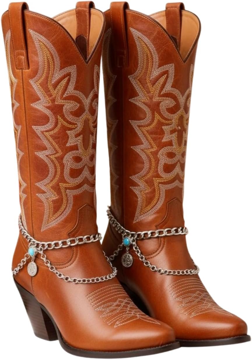 Skiennix Women's Silver Boot Chain Anklet Set - Adjustable Ethnic Coin & Turquoise Beads | 11-15 in Curb Chain