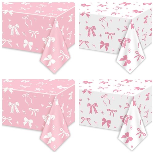APUXXJUPA 4 Pcs Pink Bow Table Cloths, 51 x 86 '' White and Pink Bow Birthday Decorations for Coquette Birthday Decorations Baby Shower Party Supplies