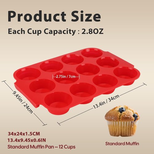 Jalopink Silicone Muffin Pan - 12-Cup Nonstick Baking Mold with Handle | Food-Grade, BPA-Free, Odorless