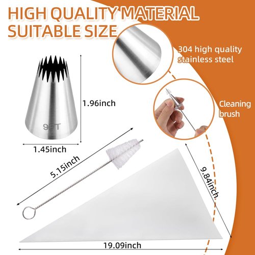 3Pcs Large Churro Piping Tips and Bags Set,9FT Pastry Tips with 30PACK 18Inch Large Piping Bags Disposable for churros maker,French Star Piping Tips for Eclairs,Butter Cookies,Cupcake Decorating tips