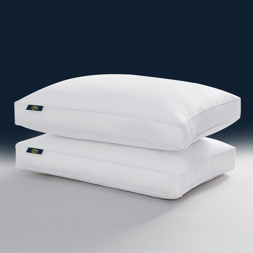 Serta Hotel Collection Pillows Queen Size Set of 2 White Goose Feather Down Fiber Gusseted 100% Cotton Pillow for Back, Stomach or Side Sleepers