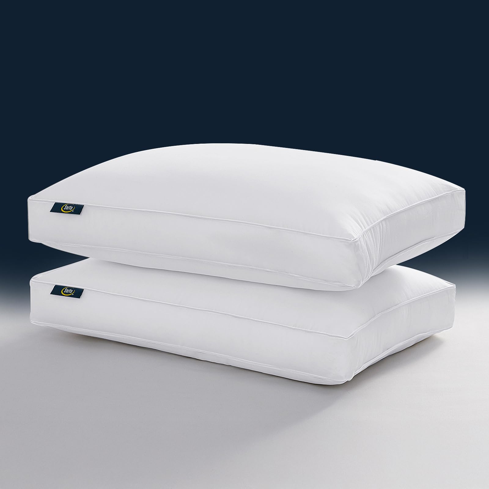 Serta Hotel Collection Pillows Queen Size Set of 2 White Goose Feather Down Fiber Gusseted 100% Cotton Pillow for Back, Stomach or Side Sleepers