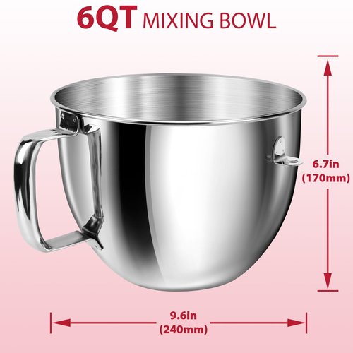 6QT Stainless Steel Mixer Bowl with Handle Compatible with KitchenAid Bowl Lift Stand Mixers KD2661, KL26M, KP26M1, KP26M8, KP26N9, KV25G, KV25M. Food Grade Mixing Bowl for 6QT Kitchen Aid Lift Mixers