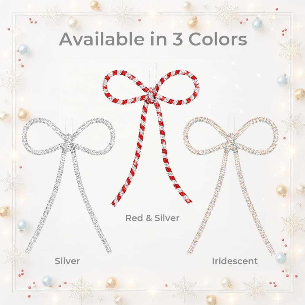 Regine Switzerland 3 Pcs Handmade Rhinestone Christmas Bow Ornaments - Glitter Candy Cane Design | Red & Silver, Small