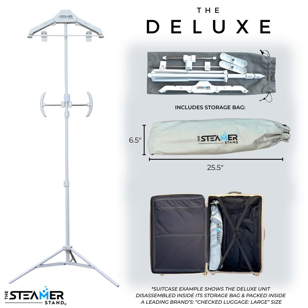 The Steamer Stand Deluxe | Adjustable Standing Garment Steaming Rack with Hanger | Fast, Foldable, Portable Clothes Steam Ironing Solution for Travel & Home