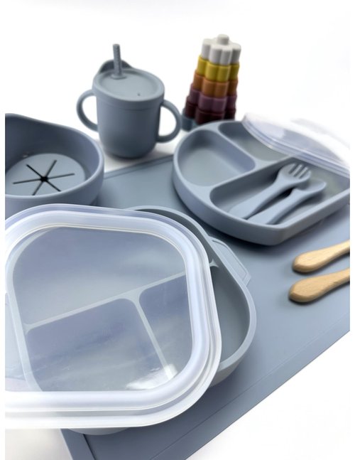 No-Mess Baby Feeding Set — Strong Suction Bowls + Soft Spoons (8-Piece) (Blue)